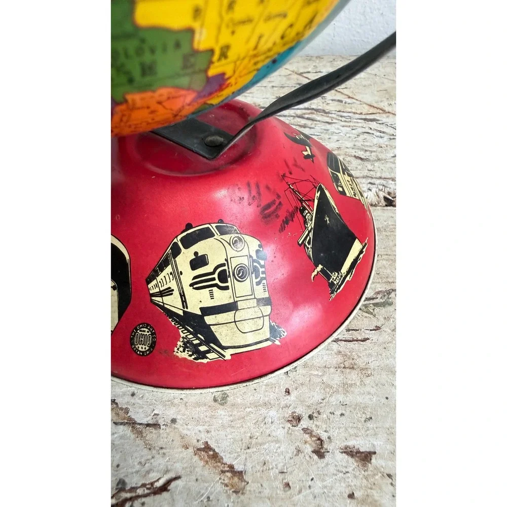 Vintage Ohio Art Co Tin Litho World Globe Red Transportation Base